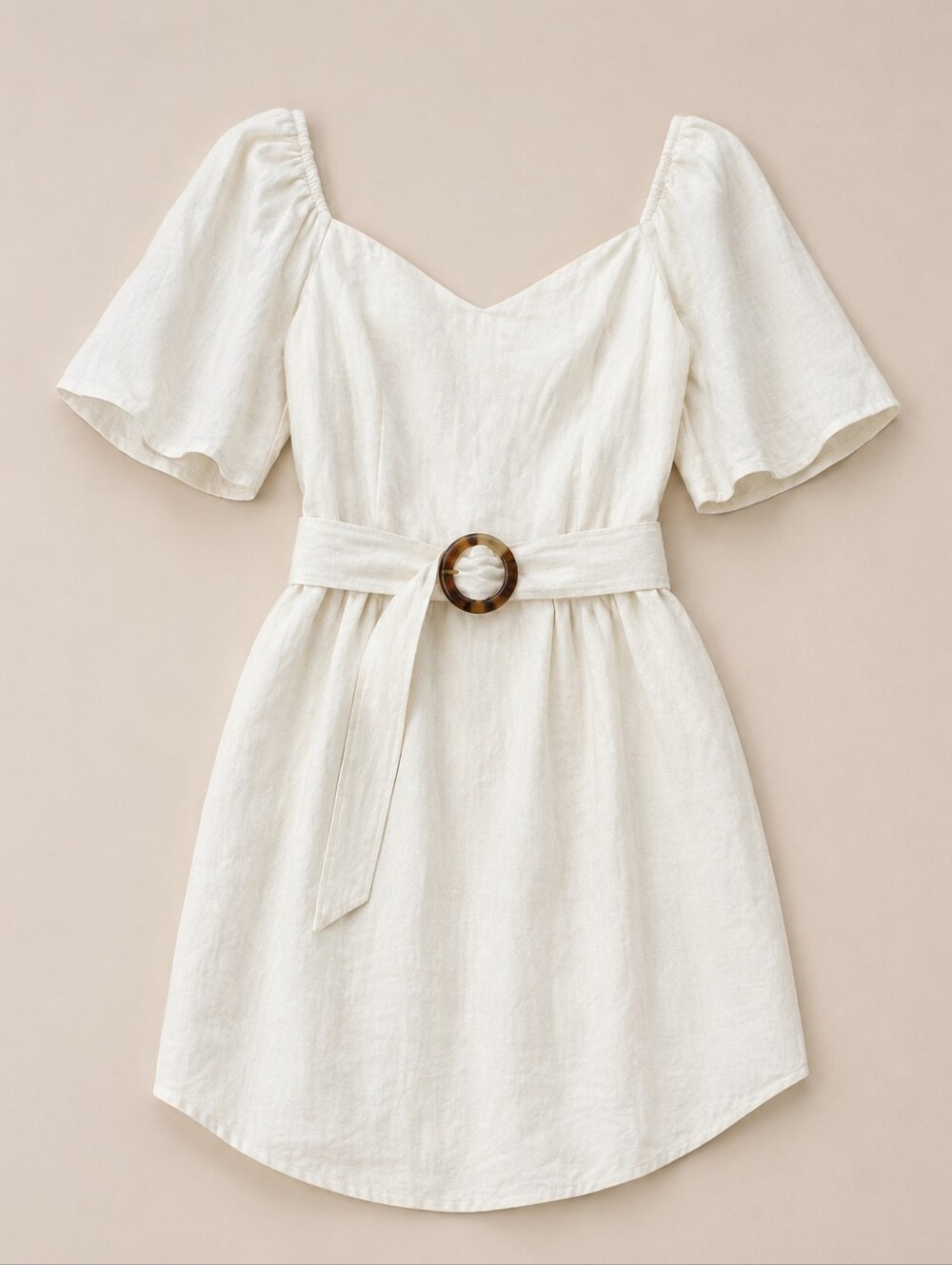Cottagecore White Linen Mini Dress Puff Sleeve Belted Sweetheart Women 8 Coastal - Picture 2 of 11